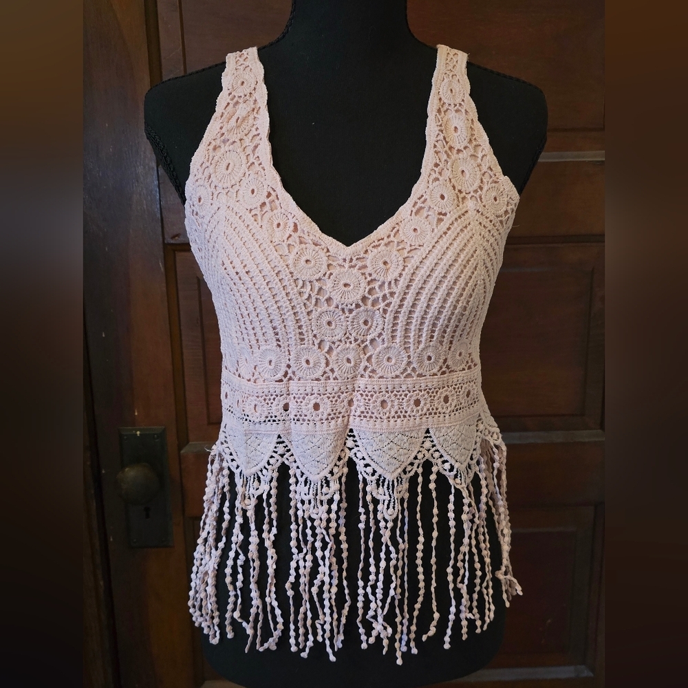 SHEIN Pink Crochet Fringe Tank Top